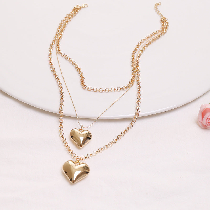 Vintage Multi-Layer Heart Pendant Necklace – Gold Geometric Punk Jewelry for Women