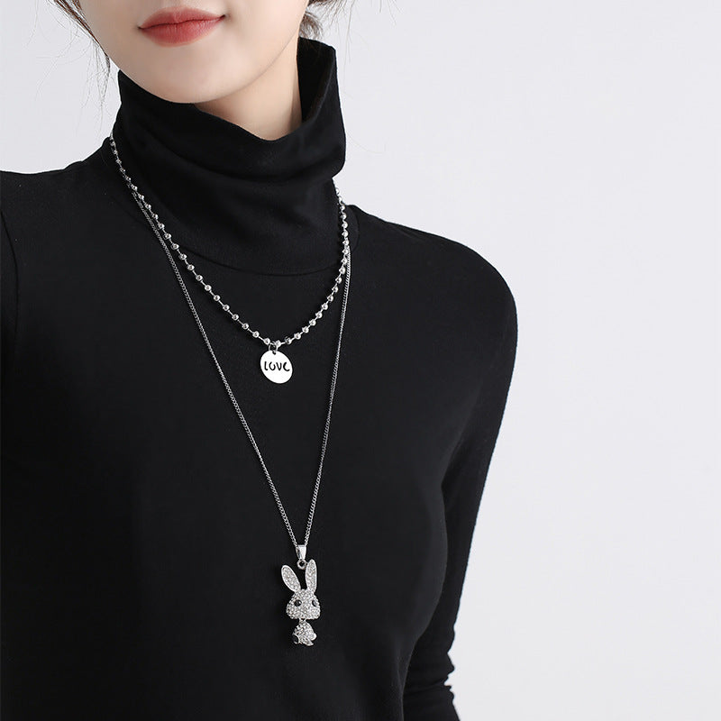 Long Titanium Steel Necklace – Light Luxury Rabbit Diamond & Letter Pendant