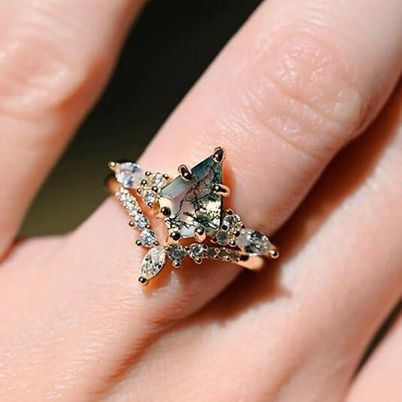 2pcs Green Moss Agate Rings for Women – Personalized Natural Stone Jewelry