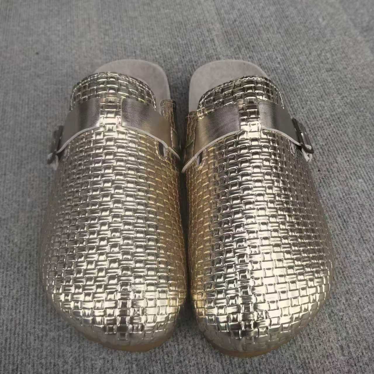 Womens Cork-toe Patterned Leather Belt Buckle Half-slipper