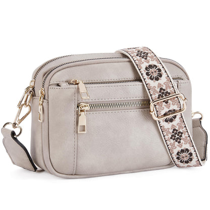 Triple-Zipper Crossbody Bag – Floral Strap Colorblock Shoulder Bag