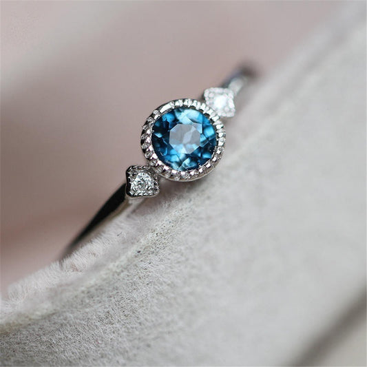 Simple Silver CZ Wedding Engagement Ring – Sky Blue Zircon Thin Ring for Women