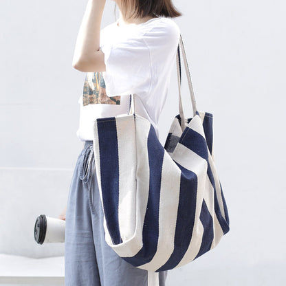 Large Striped Canvas Tote Bag for Women – Casual High Capacity Shopping Shoulder Bag