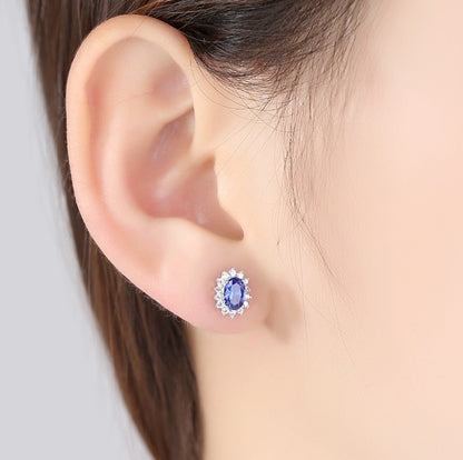Natural Royal Blue Oval Topaz Stud Earrings – 925 Sterling Silver for Women