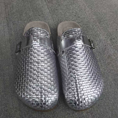 Womens Cork-toe Patterned Leather Belt Buckle Half-slipper