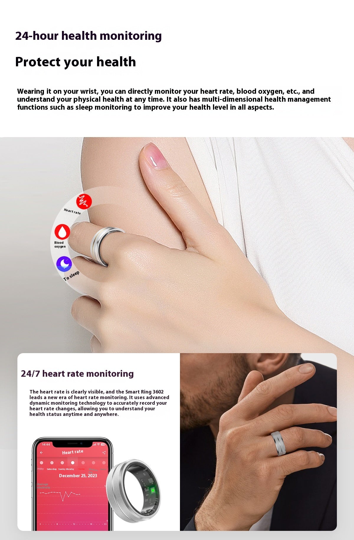 Smart Ring for Men & Women – Heart Rate & Blood Oxygen Monitor, Multi-Sport, Waterproof
