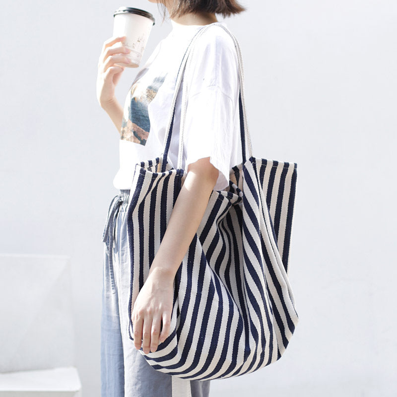 Large Striped Canvas Tote Bag for Women – Casual High Capacity Shopping Shoulder Bag
