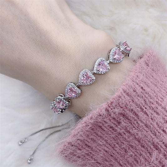 Peach Heart-Shaped Rhinestone & Zircon Bracelet for Women – Elegant Sparkling Jewelry