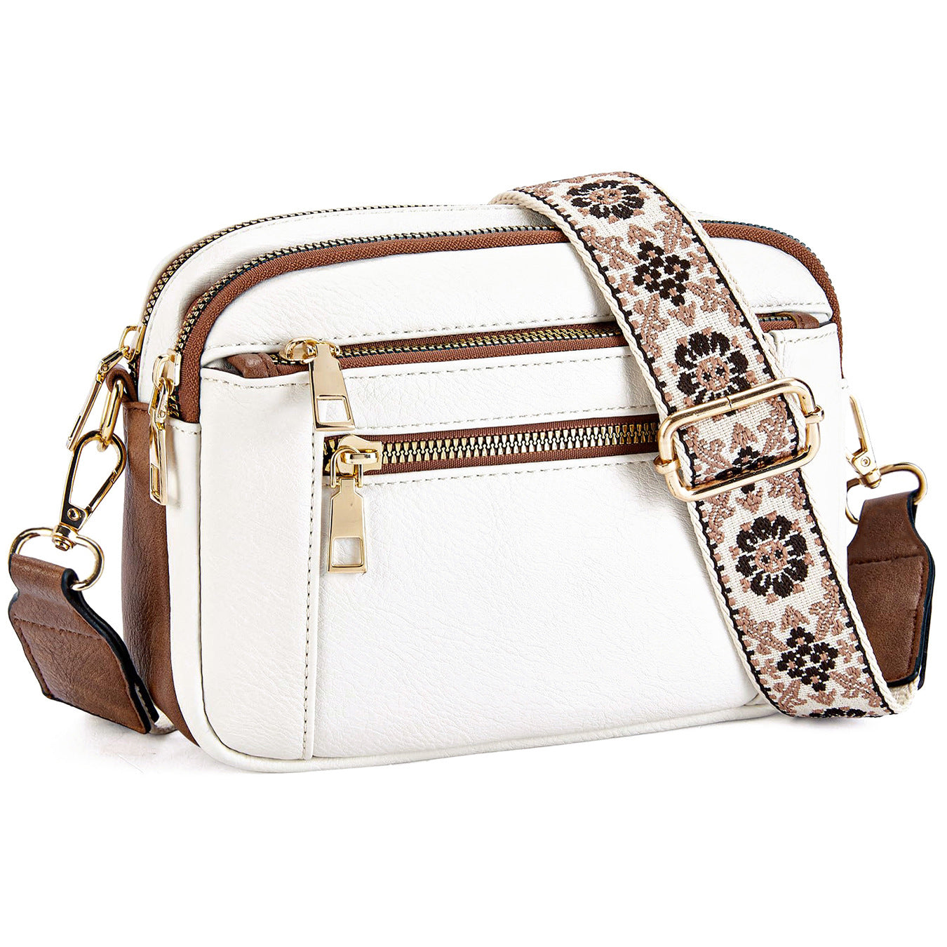 Triple-Zipper Crossbody Bag – Floral Strap Colorblock Shoulder Bag