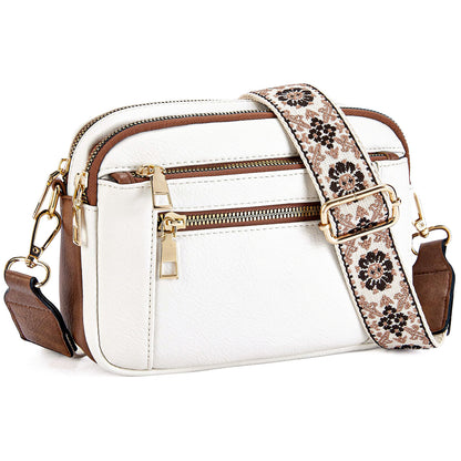 Triple-Zipper Crossbody Bag – Floral Strap Colorblock Shoulder Bag