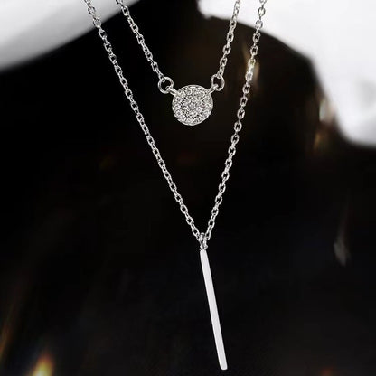 S925 Silver Double Chain Necklace with Round Zircon Pendant – Trendy Jewelry for Women