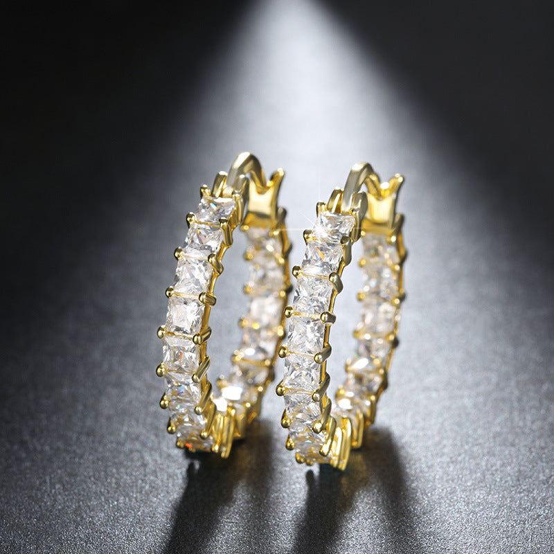 Gold-Plated Thin Earrings with Diamond-Set Zircons for Women
