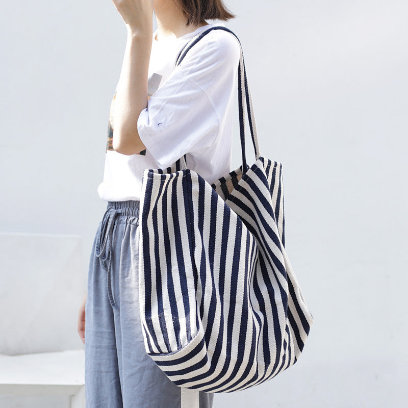 Large Striped Canvas Tote Bag for Women – Casual High Capacity Shopping Shoulder Bag