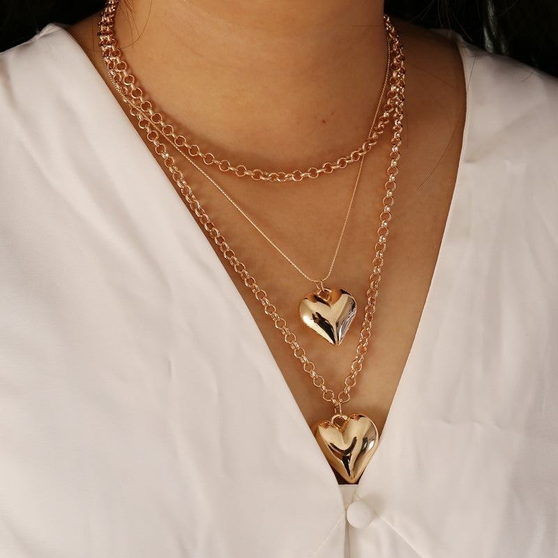 Vintage Multi-Layer Heart Pendant Necklace – Gold Geometric Punk Jewelry for Women