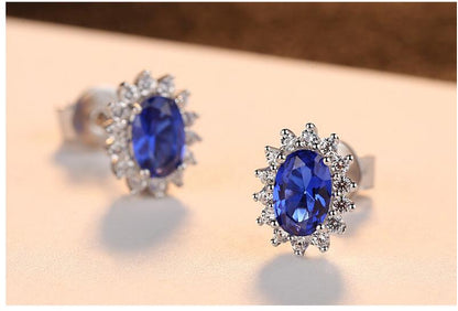Natural Royal Blue Oval Topaz Stud Earrings – 925 Sterling Silver for Women