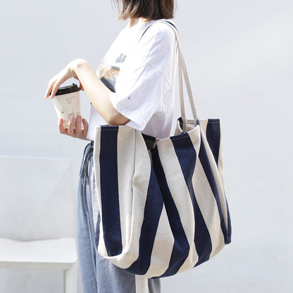 Large Striped Canvas Tote Bag for Women – Casual High Capacity Shopping Shoulder Bag