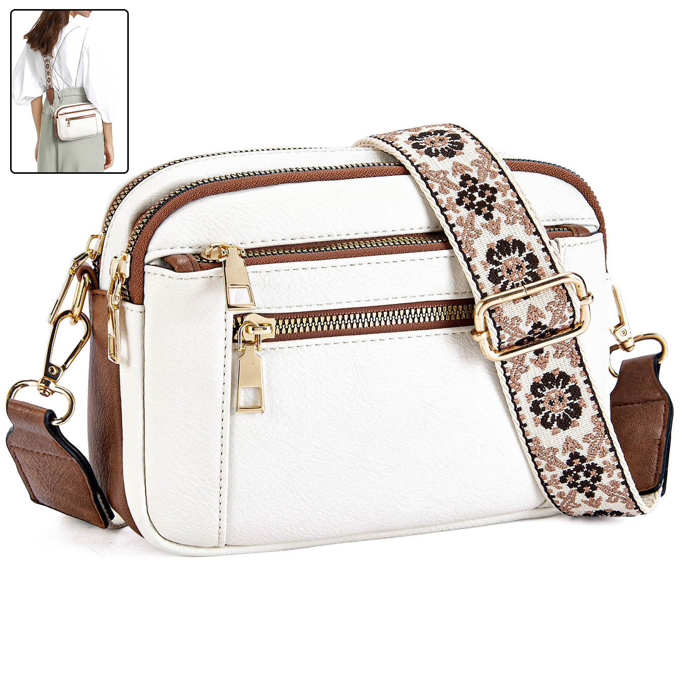 Triple-Zipper Crossbody Bag – Floral Strap Colorblock Shoulder Bag