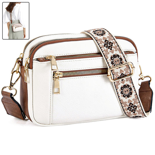 Triple-Zipper Crossbody Bag – Floral Strap Colorblock Shoulder Bag