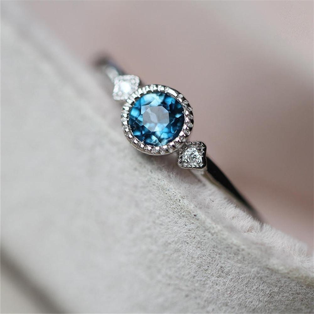 Simple Silver CZ Wedding Engagement Ring – Sky Blue Zircon Thin Ring for Women