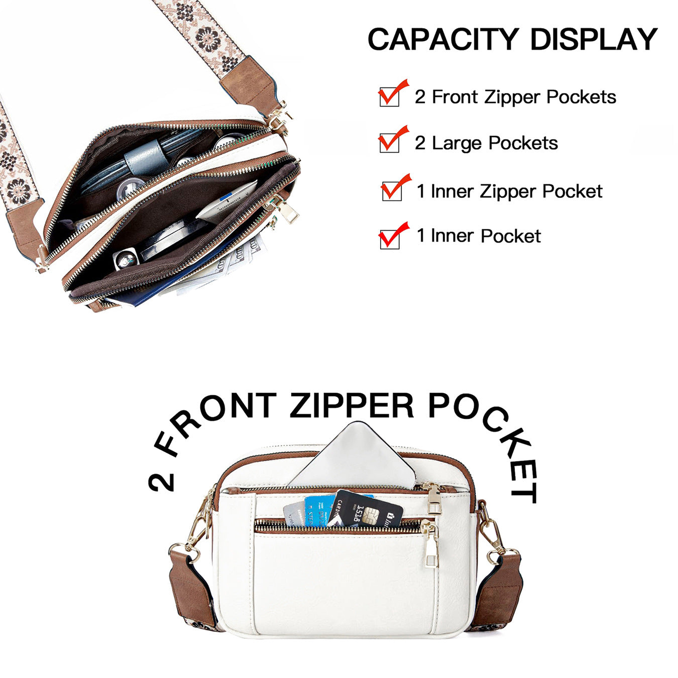 Triple-Zipper Crossbody Bag – Floral Strap Colorblock Shoulder Bag