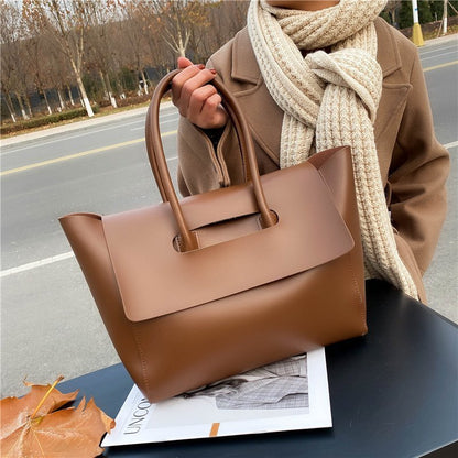 Fashion Large Shoulder Tote Bag for Women – Simple Retro Solid-Color Handbag