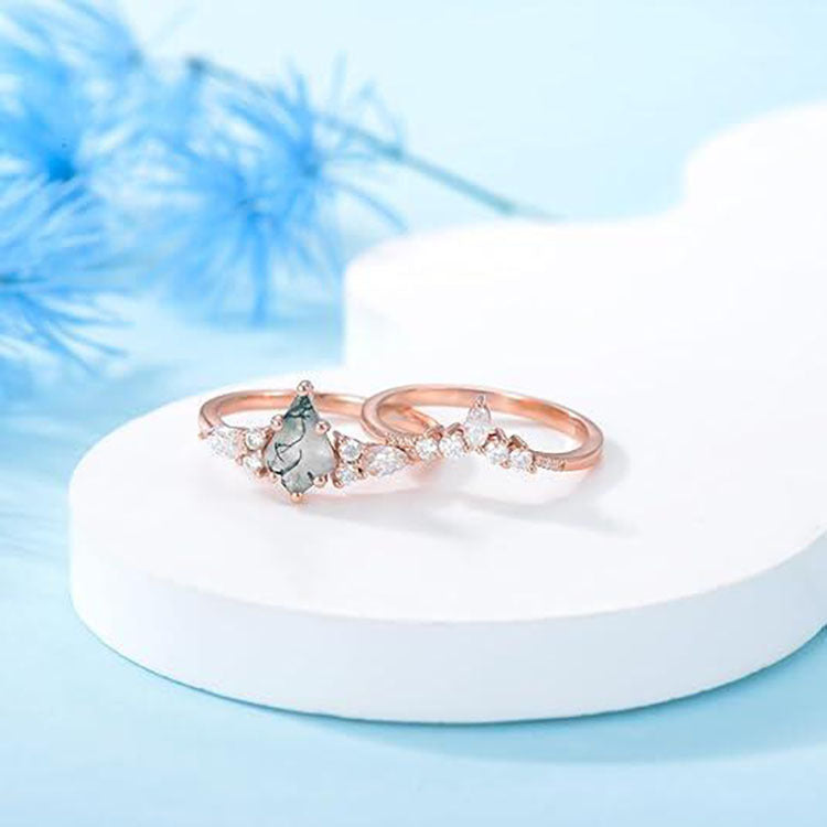 2pcs Green Moss Agate Rings for Women – Personalized Natural Stone Jewelry