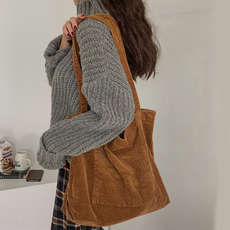 Cozy Corduroy Shoulder Bag for Women – Fall/Winter Shopping Handbag