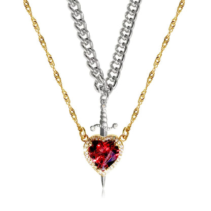 Heart & Sword Necklace Set – Gold Stainless Steel Couple Jewelry for Him & Her