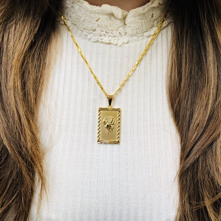 Vintage Square Rose Pendant Necklace – Eco-Friendly 18K Gold Plated Jewelry for Women
