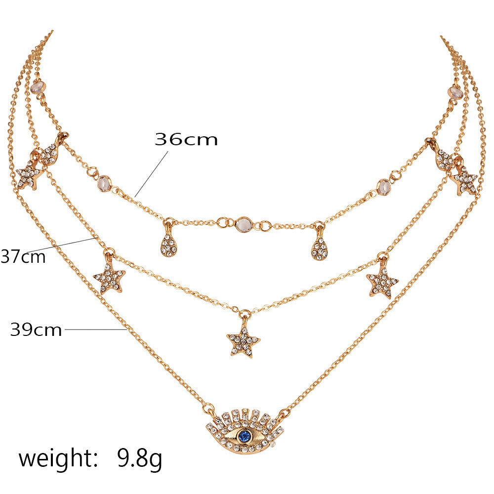 Multilayer Evil Eye Pendant Necklace for Women – Crystal Star & Water Drop Charm
