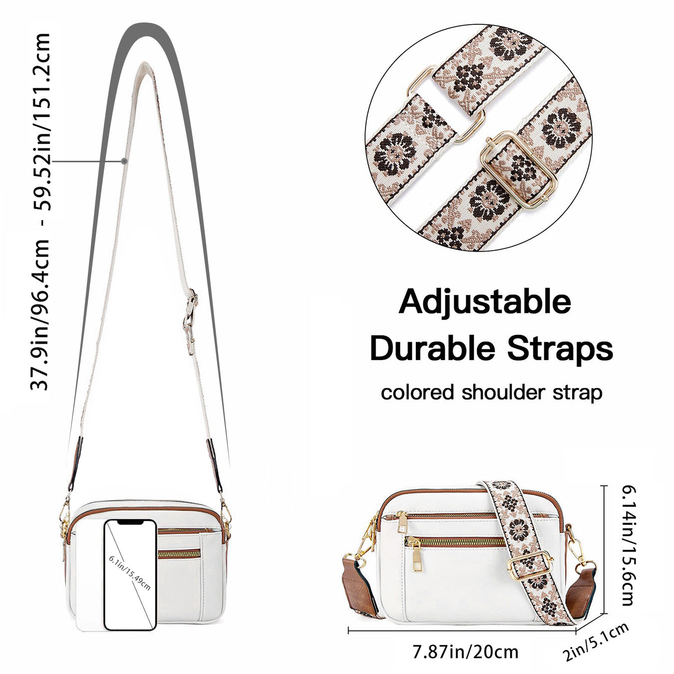 Triple-Zipper Crossbody Bag – Floral Strap Colorblock Shoulder Bag