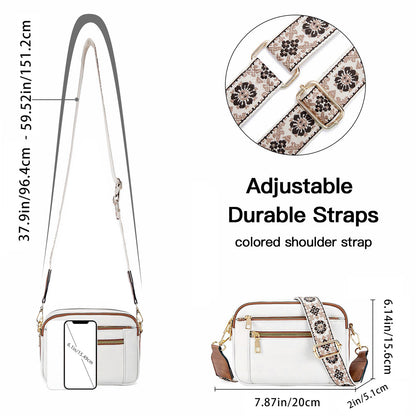 Triple-Zipper Crossbody Bag – Floral Strap Colorblock Shoulder Bag