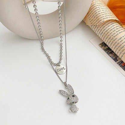 Long Titanium Steel Necklace – Light Luxury Rabbit Diamond & Letter Pendant