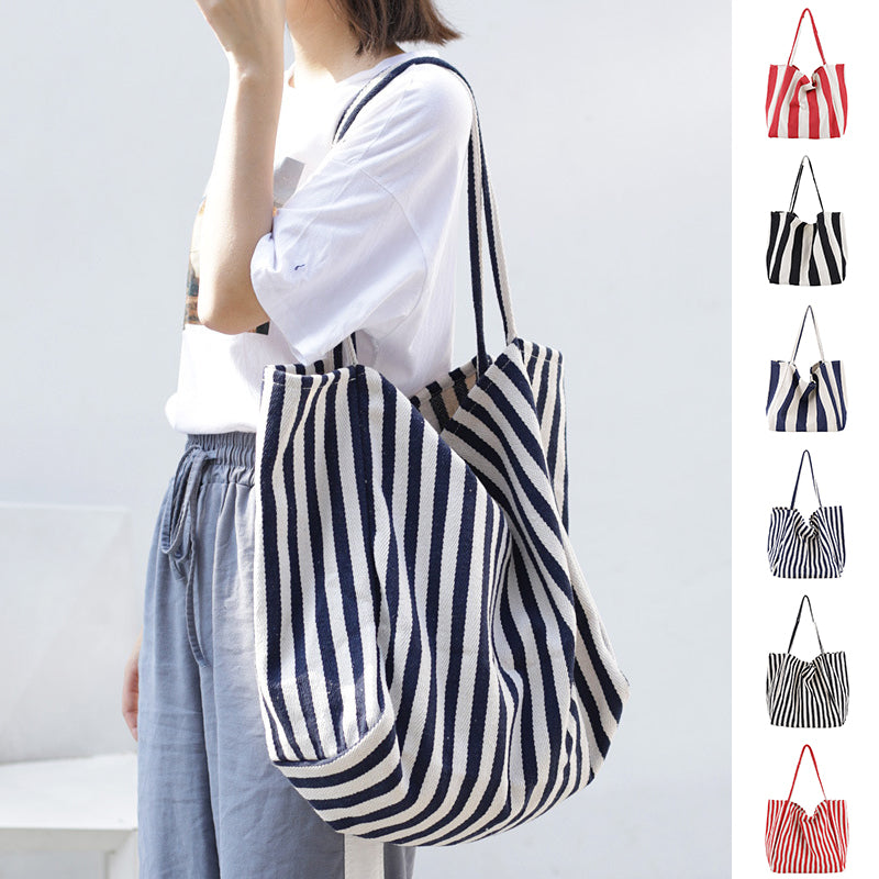 Large Striped Canvas Tote Bag for Women – Casual High Capacity Shopping Shoulder Bag