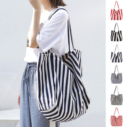 Large Striped Canvas Tote Bag for Women – Casual High Capacity Shopping Shoulder Bag