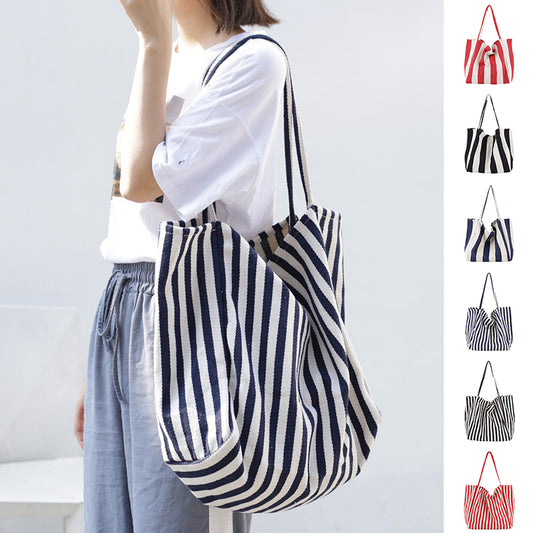 Large Striped Canvas Tote Bag for Women – Casual High Capacity Shopping Shoulder Bag