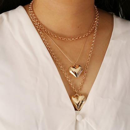Vintage Multi-Layer Heart Pendant Necklace – Gold Geometric Punk Jewelry for Women