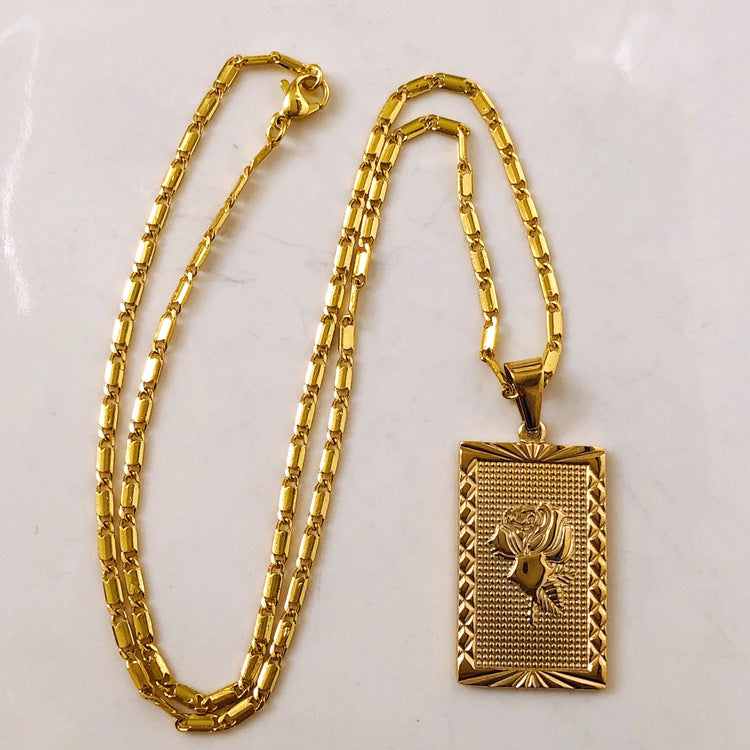 Vintage Square Rose Pendant Necklace – Eco-Friendly 18K Gold Plated Jewelry for Women