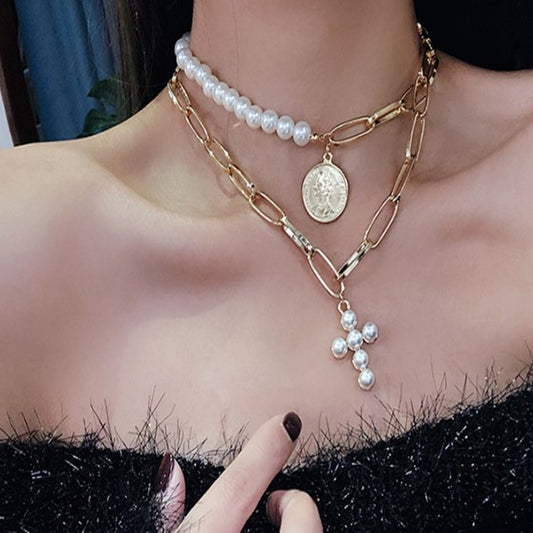 Luxury Imitation Pearl Choker Necklace – Gold Cross & Coin Pendant Jewelry for Women
