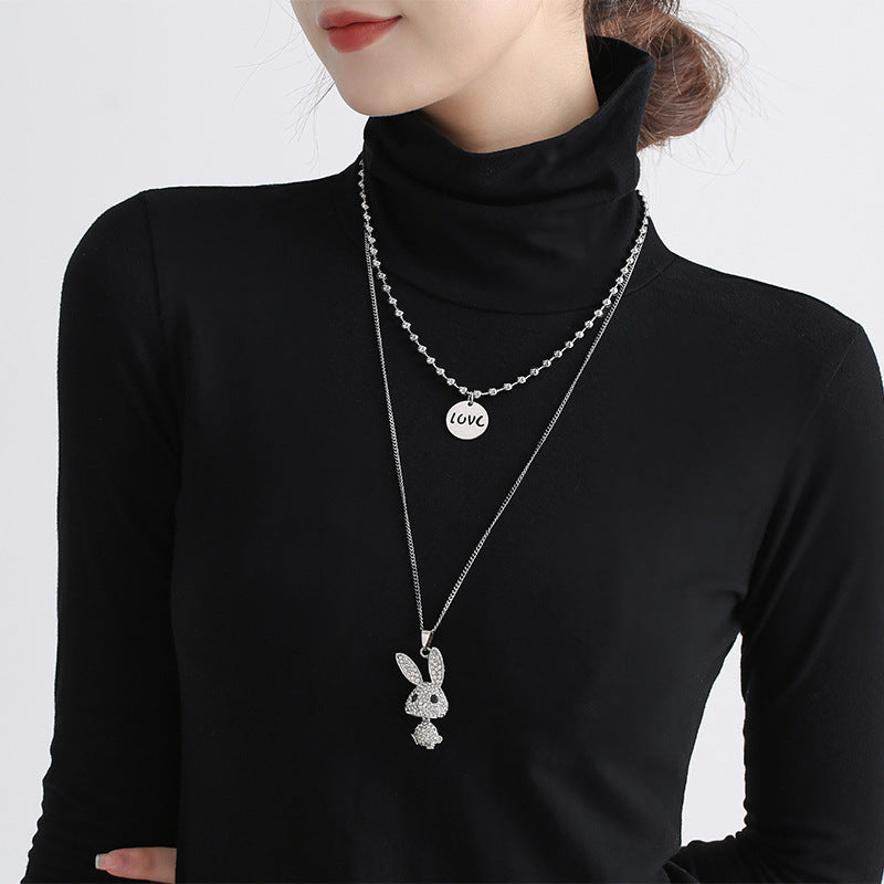 Long Titanium Steel Necklace – Light Luxury Rabbit Diamond & Letter Pendant