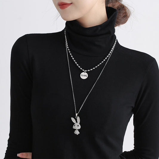 Long Titanium Steel Necklace – Light Luxury Rabbit Diamond & Letter Pendant