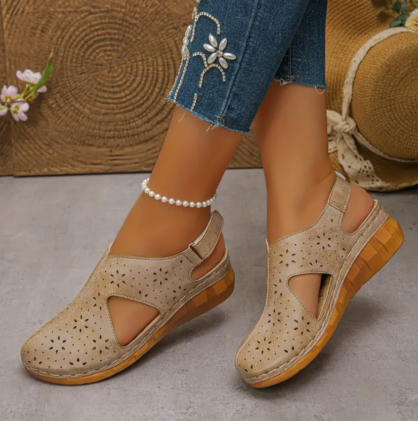 Breathable Velcro-Strapped Wedge Sandals With Fishmouth Design And Stitched Seams