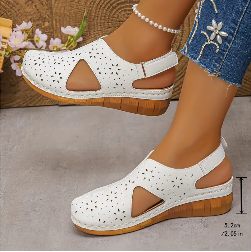 Breathable Velcro-Strapped Wedge Sandals With Fishmouth Design And Stitched Seams