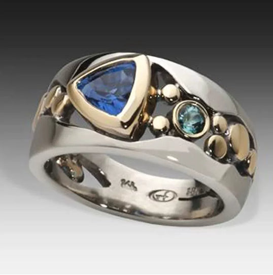 Two-Tone 925 Silver Ring with Blue Sapphire – Elegant Jewelry for Women, Sizes 6-10