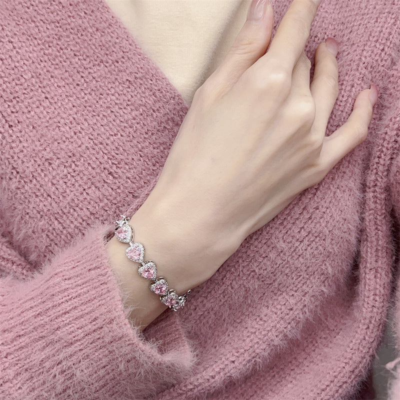 Peach Heart-Shaped Rhinestone & Zircon Bracelet for Women – Elegant Sparkling Jewelry