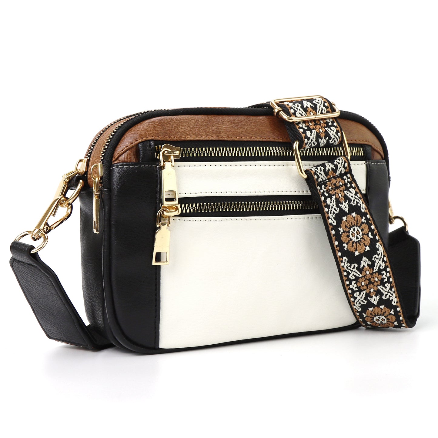 Triple-Zipper Crossbody Bag – Floral Strap Colorblock Shoulder Bag