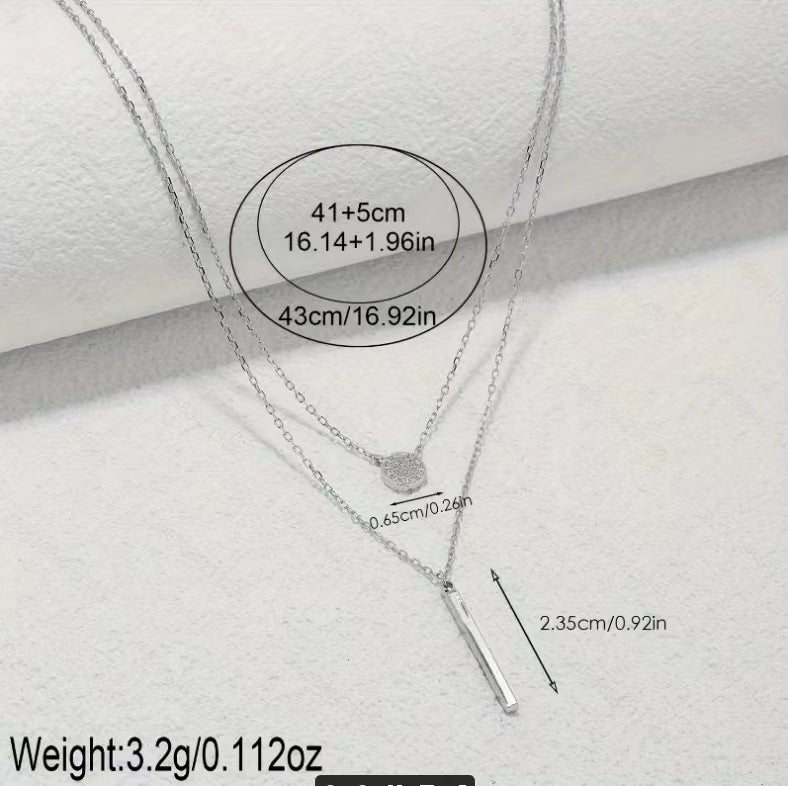 S925 Silver Double Chain Necklace with Round Zircon Pendant – Trendy Jewelry for Women