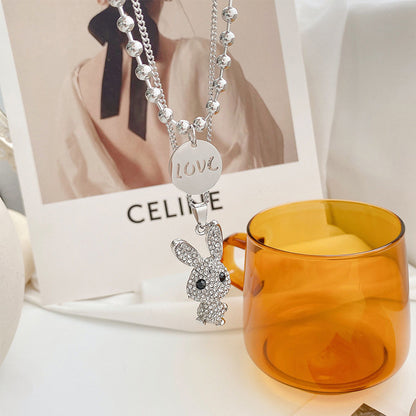 Long Titanium Steel Necklace – Light Luxury Rabbit Diamond & Letter Pendant