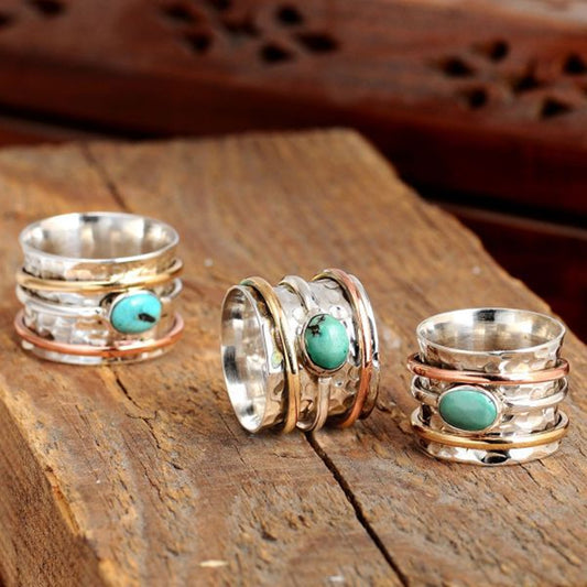 Trendy Vintage Turquoise Ring – Tri-Color Plated Unisex Ring for Men & Women