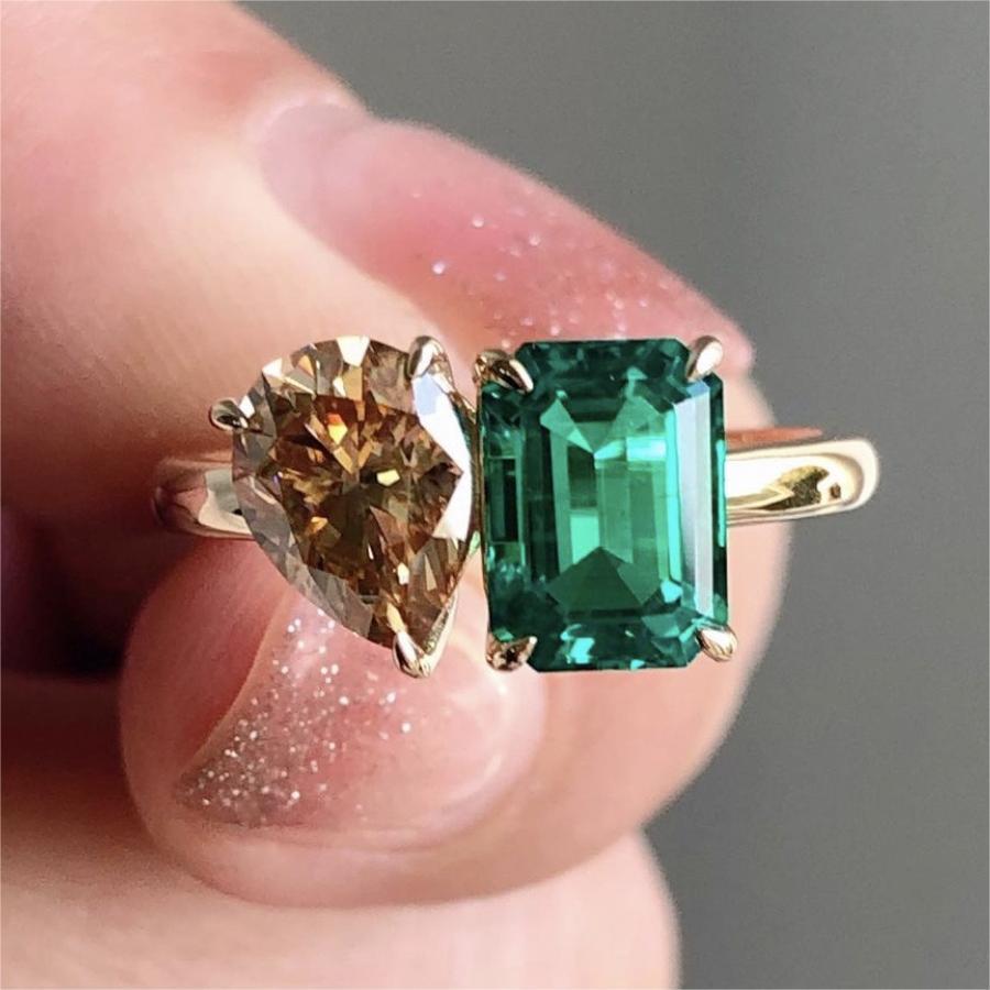 Double Stone Green & Yellow Zircon Ring – Luxury Gold Engagement Ring for Women